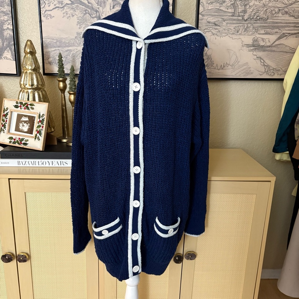 J CREW Textured Sailor Cardigan Sweater Blue White Size Medium Preppy‎ Nautical - Picture 5 of 12